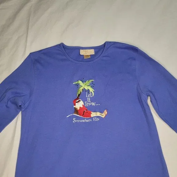 Santa On a Beach Christmas "Let It Snow Somewhere Else" Blue Longsleeve Lg Shirt - Picture 3 of 13